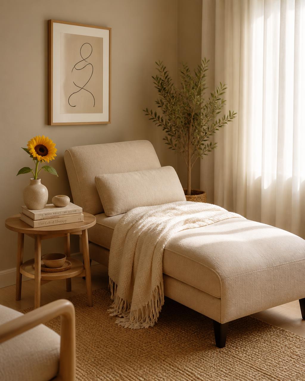 Ambiente acolhedor com chaise, luz natural e decoração minimalista