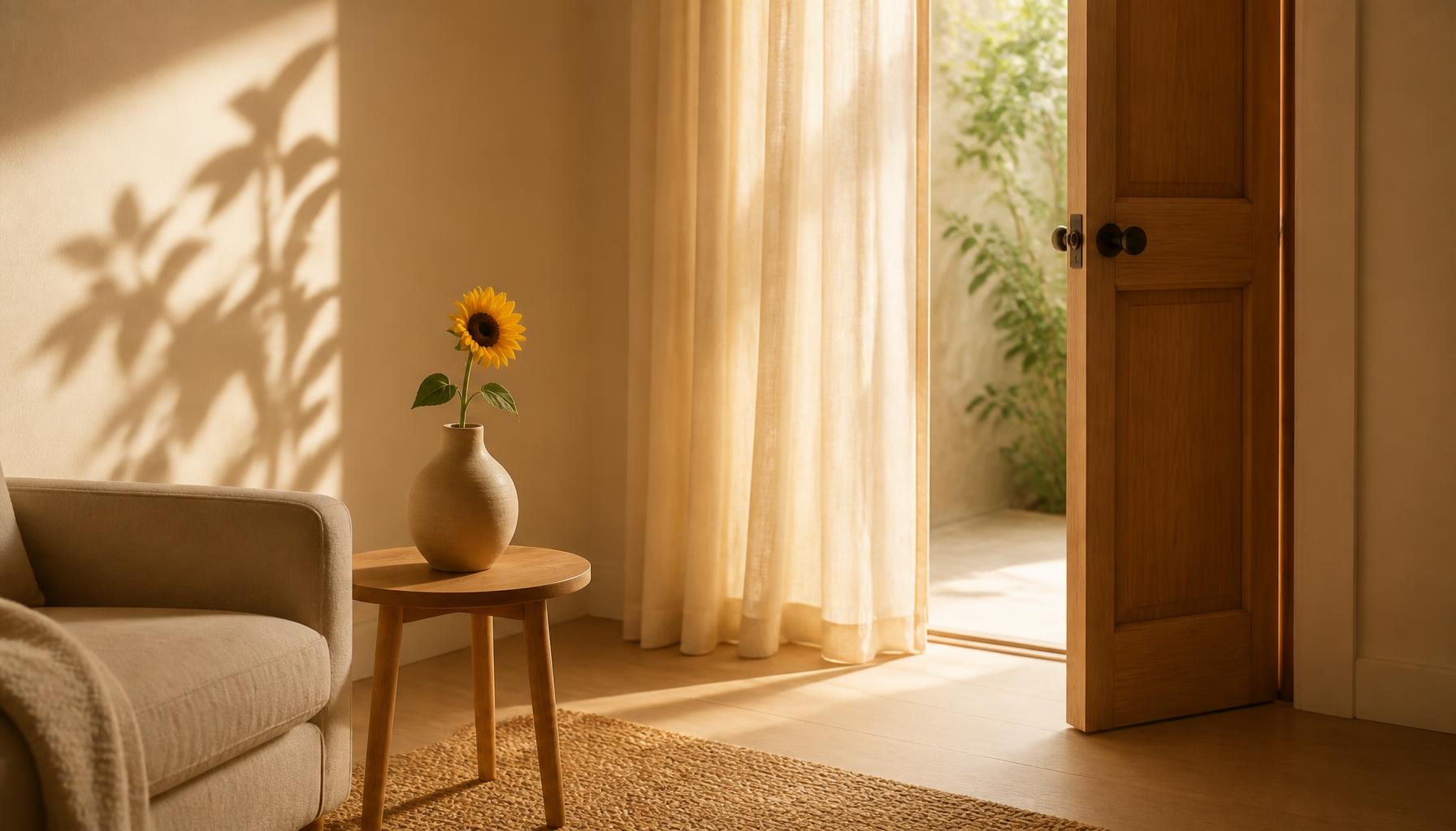 Ambiente acolhedor com porta aberta, luz natural e um girassol em um vaso